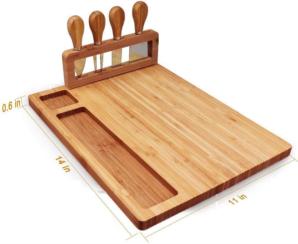 Aoibox Bamboo Cheese Board Set 14.17"*11"*0.8", Charcuterie Platter and Serving Meat Board Including 4 Stainless Steel Knife, Cheese Tray, Yankee Swap Gifts