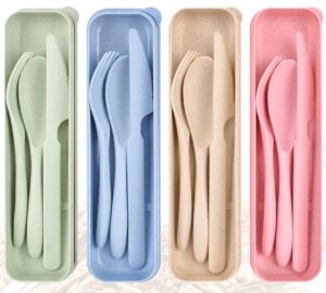 reusable travel utensils set with case, 4 sets wheat straw portable knife fork spoons tableware, eco-friendly cutlery for kids adults travel picnic camping or daily use (green, beige, pink, blue)