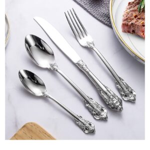 Silver Flatware Silverware Set for 6, Royal 18/10 Stainless Steel Tableware Cutlery Set Luxury Antique with 24 Pieces Dinnerware Set Restaurant Hotel Family Gatherings & Daily Use