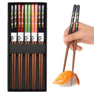 omytea 5 pairs chopsticks reusable - japanese wooden chopsticks gift sets, 9 inch/23cm, for sushi, noodles, rice, camping, travel (sakura & rabbits)