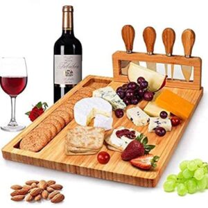 Bamboo Cheese Board Set Charcuterie Platter Serving Meat Board Including 4 Stainless Steel Knife and Serving Utensils for Christmas Wedding Birthday Anniversary