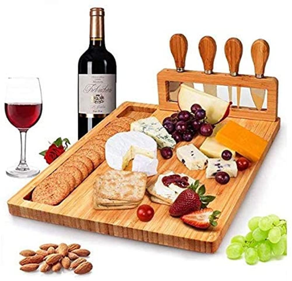 Bamboo Cheese Board Set Charcuterie Platter Serving Meat Board Including 4 Stainless Steel Knife and Serving Utensils for Christmas Wedding Birthday Anniversary