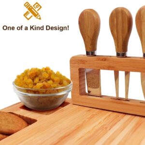 Bamboo Cheese Board Set Charcuterie Platter Serving Meat Board Including 4 Stainless Steel Knife and Serving Utensils for Christmas Wedding Birthday Anniversary