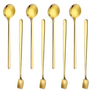 ACKLLR 8 Pack Gold Plated Stainless Steel Espresso Spoons and Long Handle Stirring Spoon, Mini Teaspoon Set for Coffee Sugar Dessert Cake Ice Cream Soup Antipasto Cappuccino Cocktail, 5.1/5.9 Inch