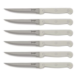 goodful premium cutlery steak knife set, high carbon stainless steel, full tang, triple riveted handles, 6-piece, cream