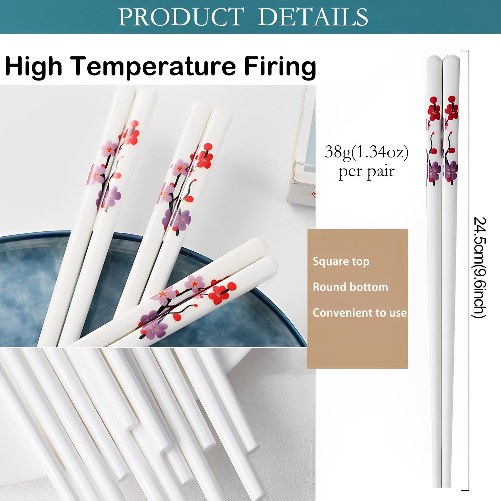 Porcelain Chopsticks Set of 5,Reusable Dishwasher Safe Chop Sticks,Great Replacement of Bamboo/Wooden Chopsticks, 9.7-Inch (Plum blossom / winterberry)