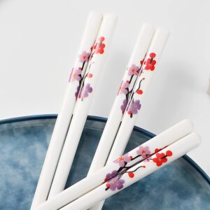 Porcelain Chopsticks Set of 5,Reusable Dishwasher Safe Chop Sticks,Great Replacement of Bamboo/Wooden Chopsticks, 9.7-Inch (Plum blossom / winterberry)