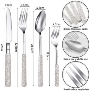 4 Pcs Bling Silverware Set Wedding Rhinestones Stainless Steel Knife Fork and Spoon Glitter Travel Cutlery Flatware Dinnerware Utensils Tableware Sets for Birthday Bridal Party Gifts (Silver)