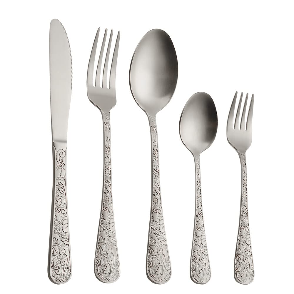 20 Pieces Silverware Set for 4,Stainless Steel Flatware Set Kitchen Eating Utensils Include Spoons,Forks,Knives,Salad Forks,Teaspoons,Coffee Spoons Home Essentials Patterned Handle Dinnerware Sets