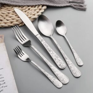 20 Pieces Silverware Set for 4,Stainless Steel Flatware Set Kitchen Eating Utensils Include Spoons,Forks,Knives,Salad Forks,Teaspoons,Coffee Spoons Home Essentials Patterned Handle Dinnerware Sets