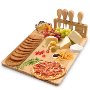 twgdh bamboo cheese board set including 4 stainless cutlery set, charcuterie board and serving tray for entertaining or gift (rectangle version)