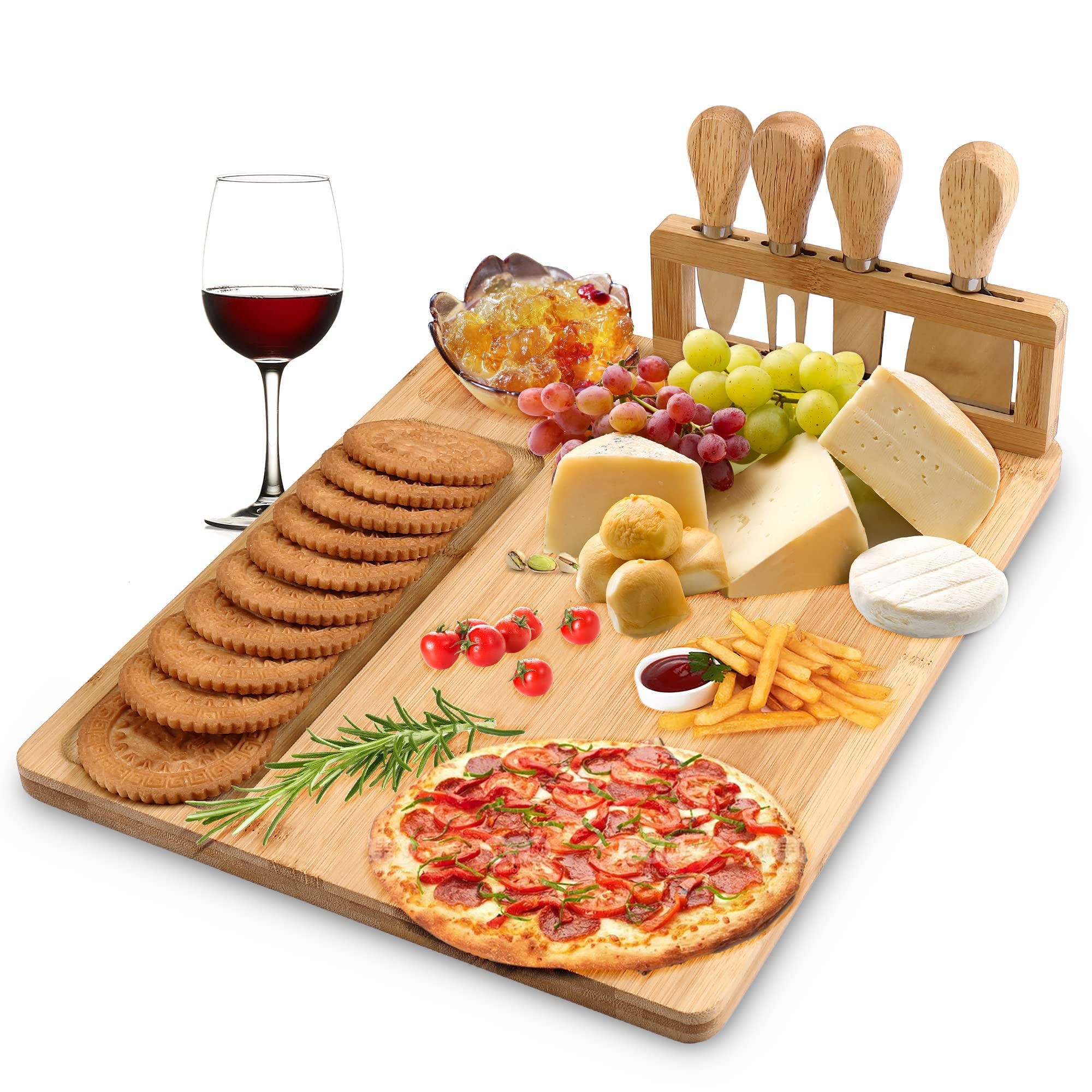 TWGDH Bamboo Cheese Board Set Including 4 Stainless Cutlery Set, Charcuterie Board And Serving Tray For Entertaining Or Gift (Rectangle Version)