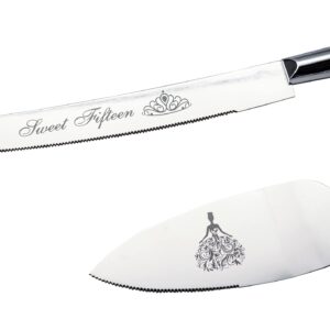 Lassos Boutique Sweet Fifteen 15 Quinceanera Cake Serving and Knife Set, Mis Quince Años Birthday Cake Cutting Set, Feliz 15 Anos Decoration, Acrylic Handle, Stainless Steel, Silver
