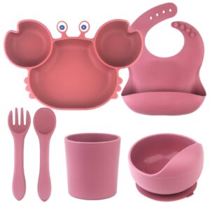baby weaning set - suction baby plate and bowl with fork spoon, toddler cup, silicone adjustable bibs for toddler self feeding, bpa free dishwasher and microwave safe