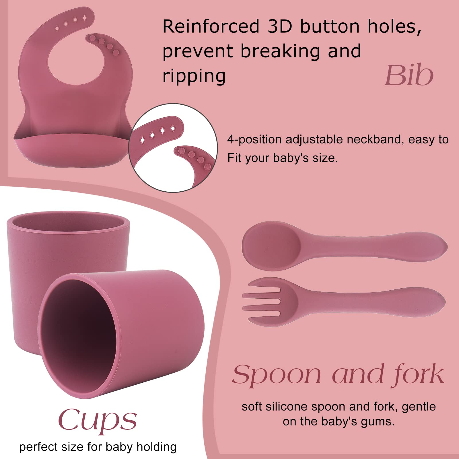 Baby Weaning Set - Suction Baby Plate and Bowl with Fork Spoon, Toddler Cup, Silicone Adjustable Bibs for Toddler Self Feeding, BPA Free Dishwasher and Microwave Safe