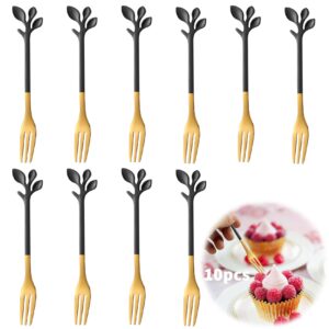 Rovepic 10 Pack Stainless Steel Appetizer Cake Fruit Forks Black Leaf Creative Tasting Dessert Mini Gold 3-Tined Forks Birthday Parties Events Kitchen Accessory Stirring Fork Set 4.8 inch