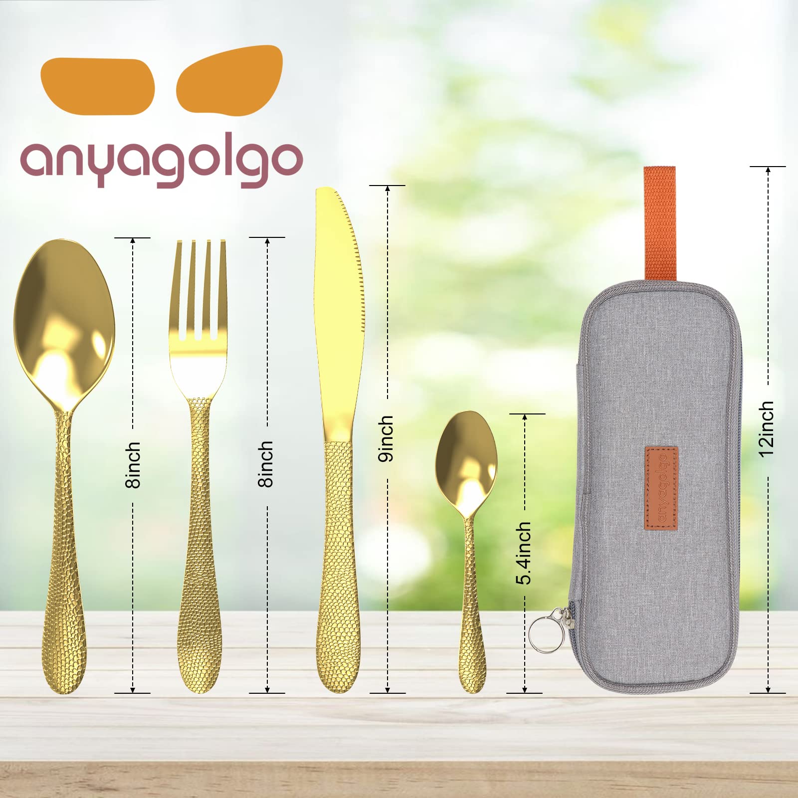 Anyagolgo Travel Utensils Set Stainless Steel Portable Utensils Set with Case Reusable 4pcs Steak Knife,Fork,Spoon,Coffee Spoon,Lunch Utensils with Case for Work Office School Picnic Camping (golden)