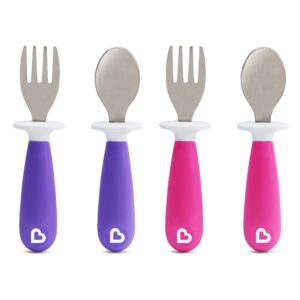 munchkin raise 4 pack toddler fork and spoon, pink/purple