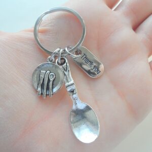 Lunch Server Spoon, Plate, and Thank You Charm Keychain, School Lunch Serving Staff Appreciation Gift