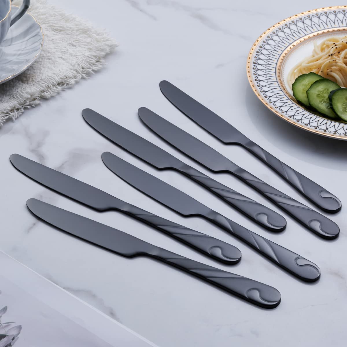 Seeshine Black Dinner Knife Set, 9.2-inch Stainless Steel Shiny Black Dinner Table Knife Silverware, Set of 6