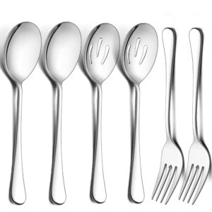 lianyu large serving spoons and forks set of 12, stainless steel buffet catering dinner party slotted serving spoon fork, 9.8 inch, mirror finished, dishwasher safe
