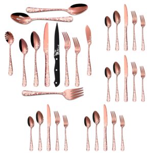 73-piece copper silverware set with steak knife & serving set for 12, stapava stainless steel rose gold flatware cutlery set, eating utensils tableware with butterfly flower laser, dishwasher safe