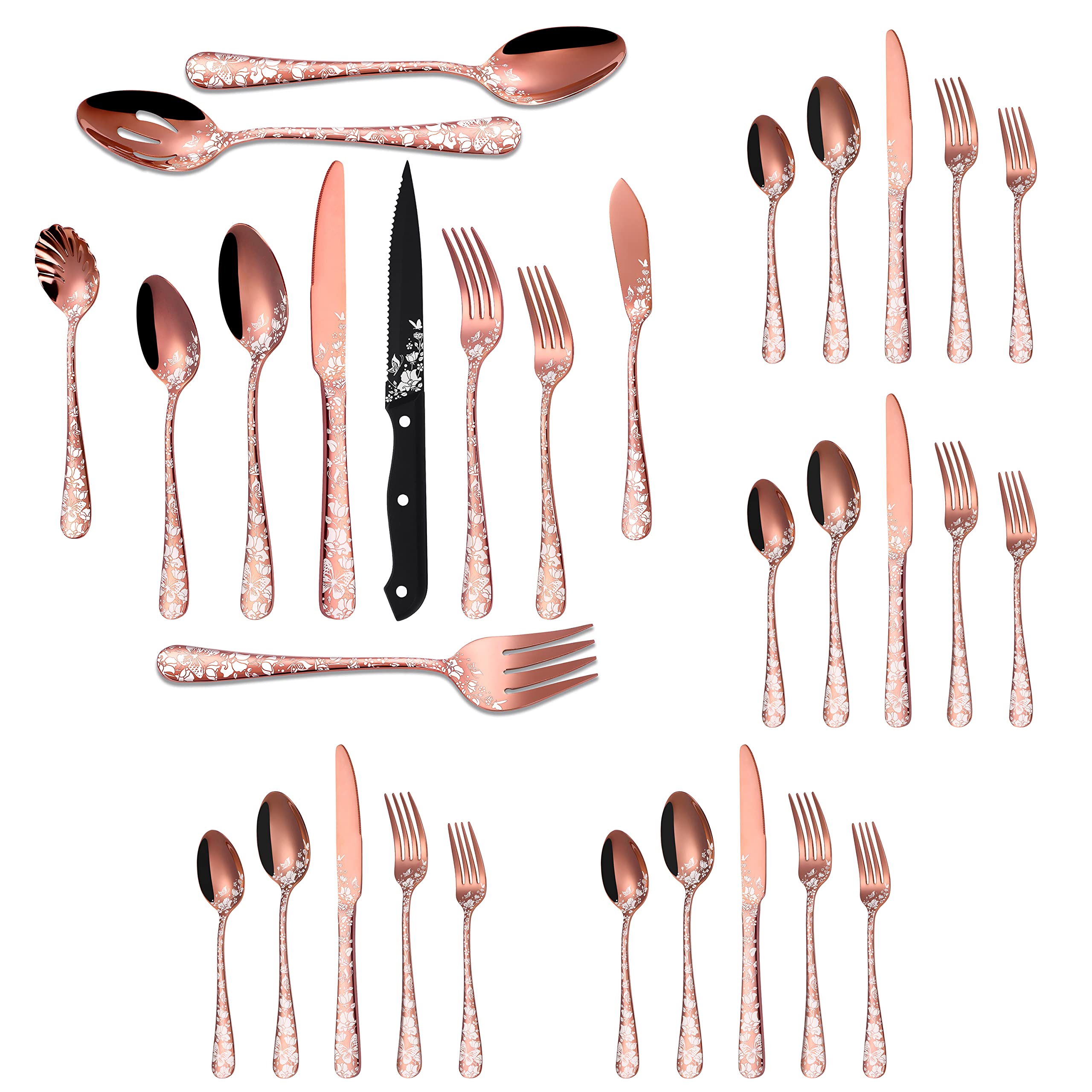 73-Piece Copper Silverware Set with Steak Knife & Serving Set for 12, Stapava Stainless Steel Rose Gold Flatware Cutlery Set, Eating Utensils Tableware with Butterfly Flower Laser, Dishwasher Safe