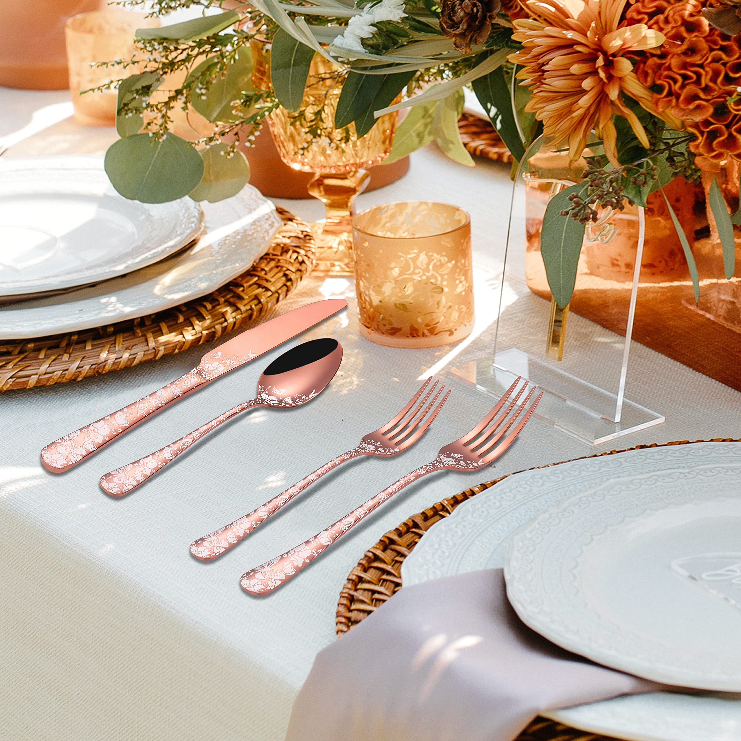 73-Piece Copper Silverware Set with Steak Knife & Serving Set for 12, Stapava Stainless Steel Rose Gold Flatware Cutlery Set, Eating Utensils Tableware with Butterfly Flower Laser, Dishwasher Safe