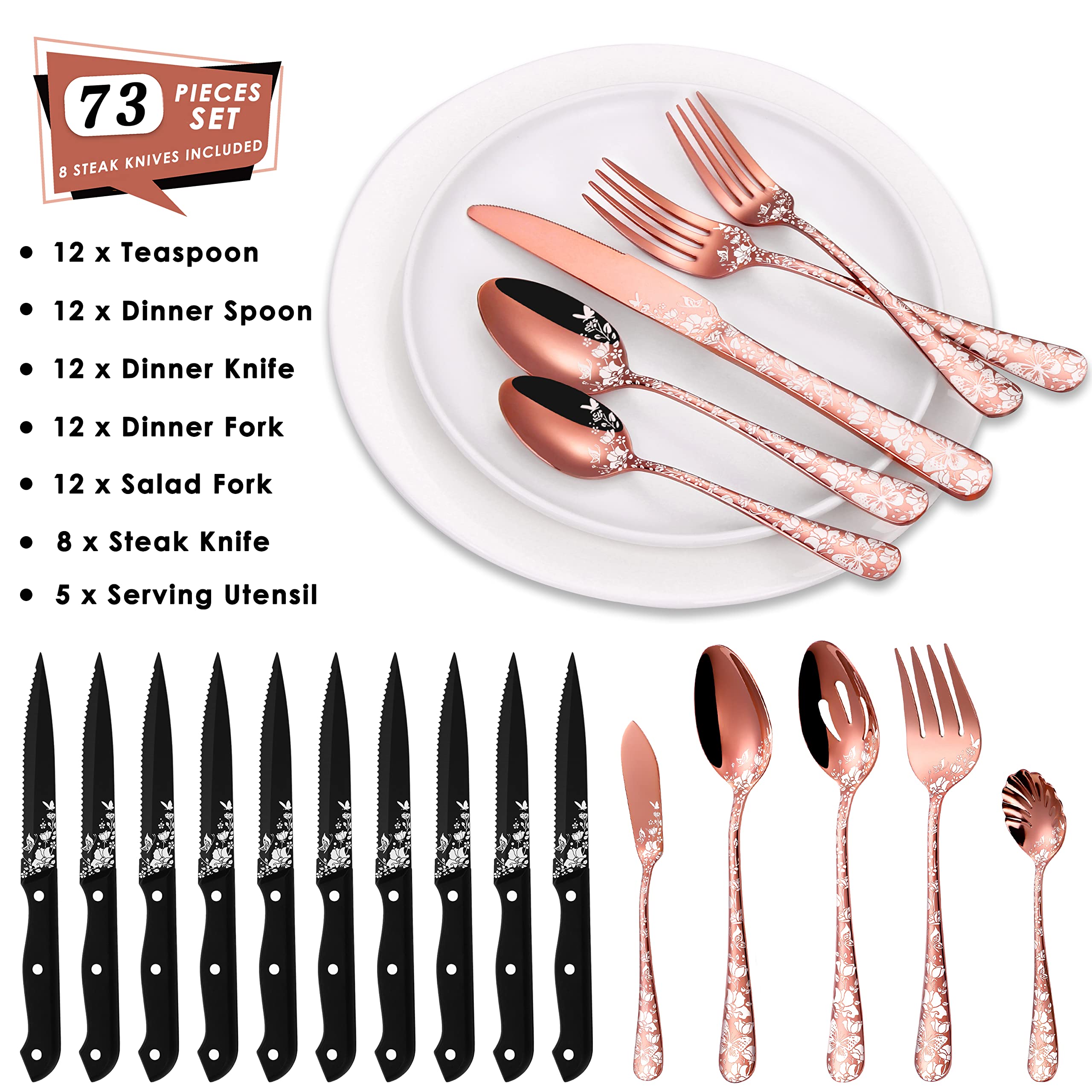 73-Piece Copper Silverware Set with Steak Knife & Serving Set for 12, Stapava Stainless Steel Rose Gold Flatware Cutlery Set, Eating Utensils Tableware with Butterfly Flower Laser, Dishwasher Safe