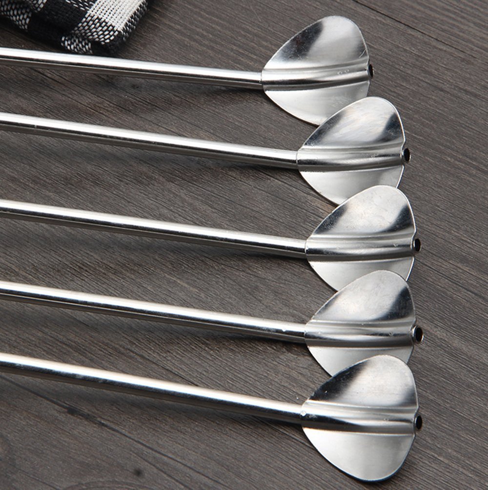 TSACTE Stainless Steel Spoon Drink Straw Set of 5 Long Spoons Heart-shaped Food-Grade Straw Spoon for Home Café Office Restaurant