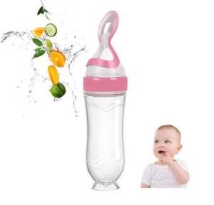 gaodear natural touch silicone baby food feeder,squeeze cereal bottle with dispensing spoon，suction cup design,3 ounce/pink