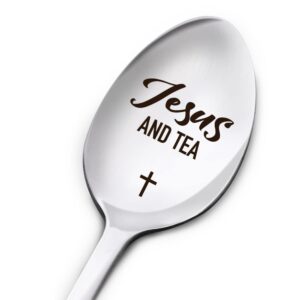 christian tea spoon gifts for women men, tea and jesus, birthday thanksgiving christmas religious gifts for tea lover mom dad daughter son grandma, engraved stainless steel tea spoon gifts