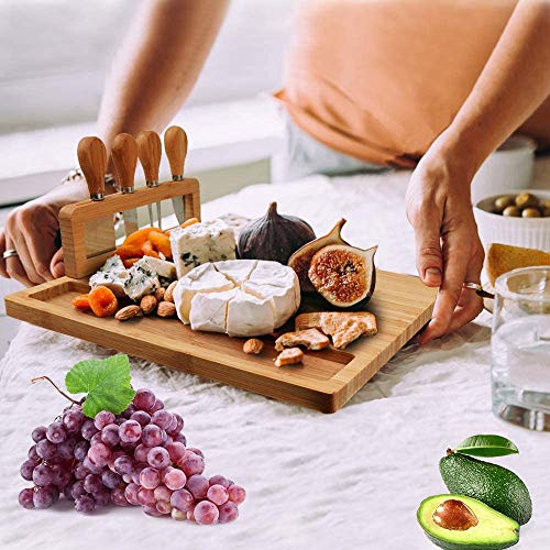 Bamboo Cheese Board Meat Charcuterie Platter Serving Tray W/ 4 Tableware Stainless Steel Knife, Home Kitchen Food Server Plate Cutter Cutlery Tool, Entertain Family Friend Guest as a Gift (14''x11'')