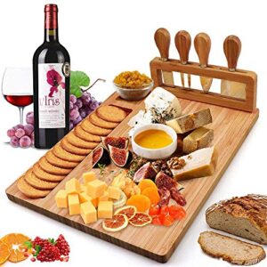 bamboo cheese board meat charcuterie platter serving tray w/ 4 tableware stainless steel knife, home kitchen food server plate cutter cutlery tool, entertain family friend guest as a gift (14''x11'')