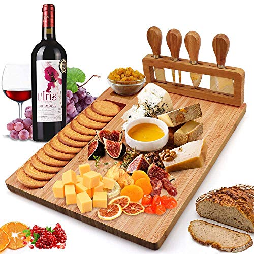 Bamboo Cheese Board Meat Charcuterie Platter Serving Tray W/ 4 Tableware Stainless Steel Knife, Home Kitchen Food Server Plate Cutter Cutlery Tool, Entertain Family Friend Guest as a Gift (14''x11'')