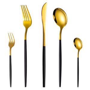 black and gold flatware set 20 piece,black handle stainless steel thin fork knife round spoon tableware dishwasher safe.sanli dinner for 4 people.