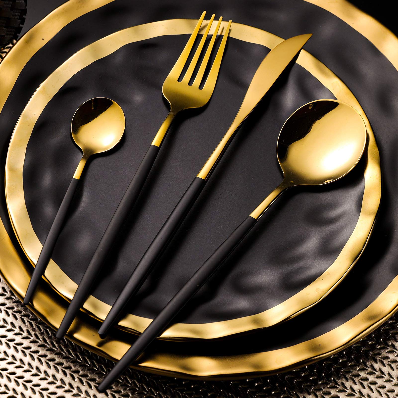 Black and Gold Flatware Set 20 Piece,Black Handle Stainless Steel Thin Fork Knife Round Spoon Tableware Dishwasher Safe.SANLI Dinner For 4 People.