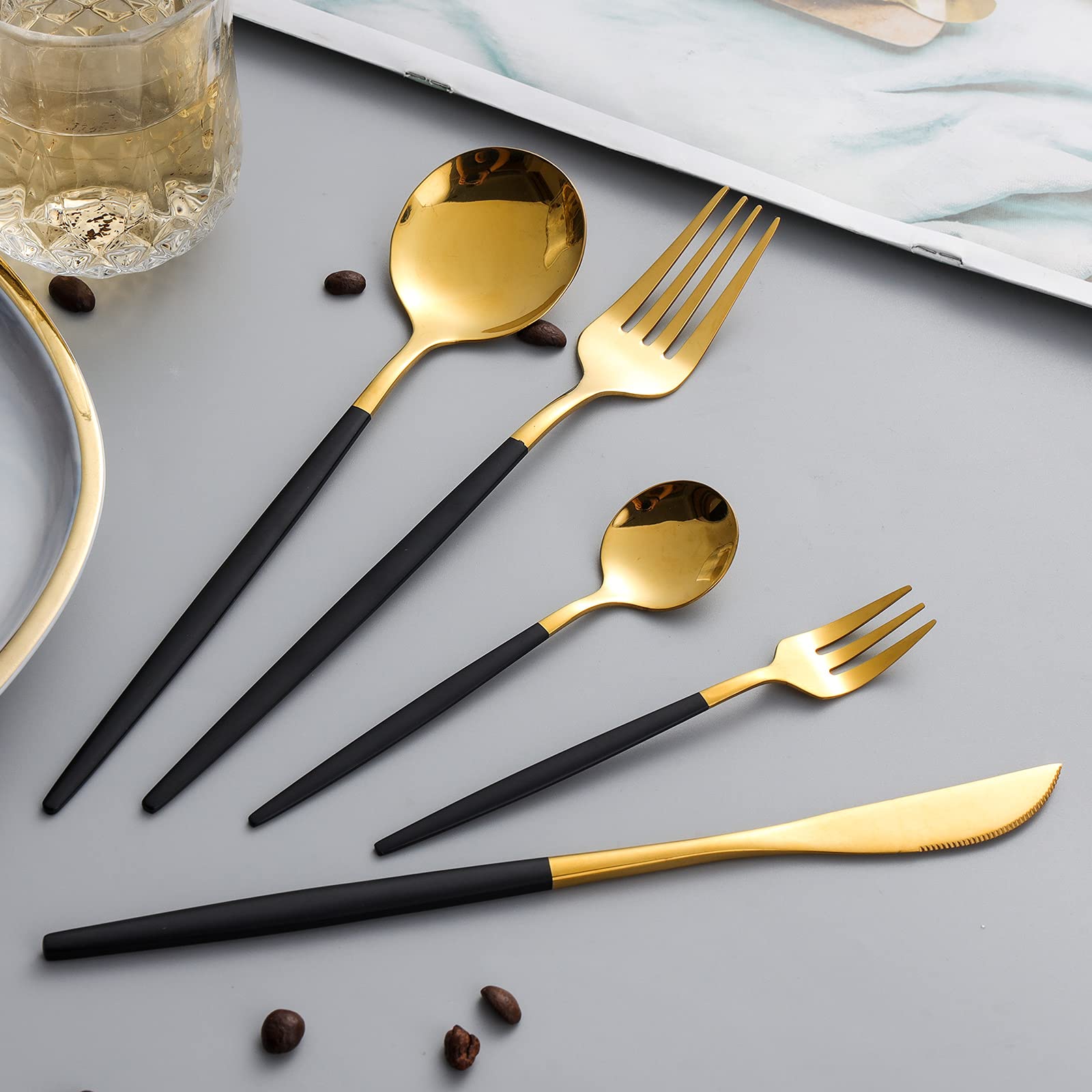 Black and Gold Flatware Set 20 Piece,Black Handle Stainless Steel Thin Fork Knife Round Spoon Tableware Dishwasher Safe.SANLI Dinner For 4 People.