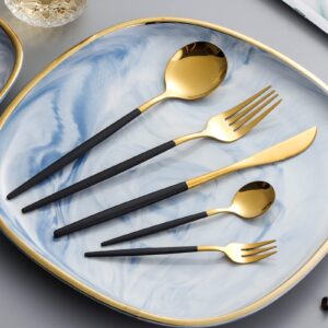 Black and Gold Flatware Set 20 Piece,Black Handle Stainless Steel Thin Fork Knife Round Spoon Tableware Dishwasher Safe.SANLI Dinner For 4 People.