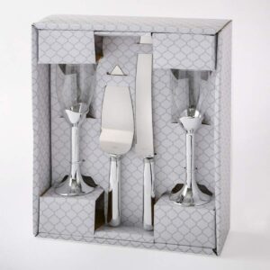 silver toned champagne flutes and cake server set
