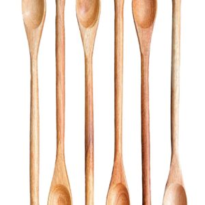 Rose Wood 8.5" Long Handle Coffee Tea Drink Bar Cocktail Stirrer Mixing Wooden Spoons, Set of 6