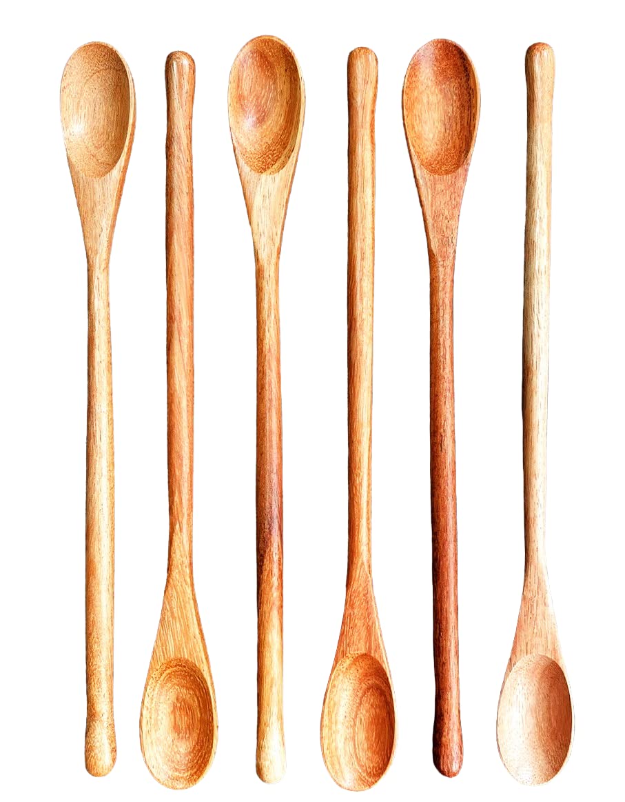 Rose Wood 8.5" Long Handle Coffee Tea Drink Bar Cocktail Stirrer Mixing Wooden Spoons, Set of 6