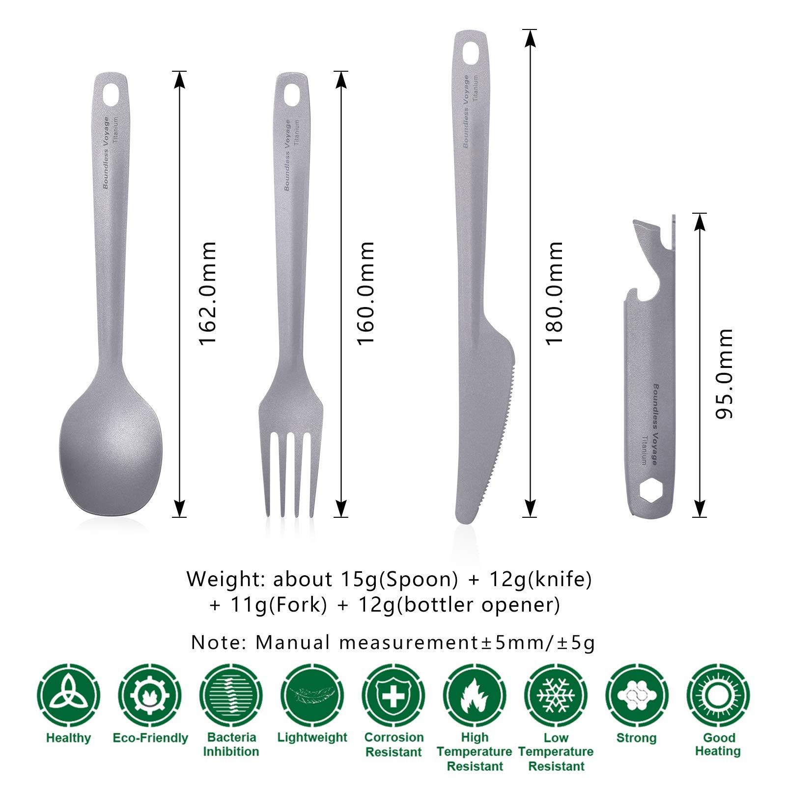 iBasingo Titanium Knife Fork Spoon Bottler Opener Tableware Set 4 in 1 Storage Design Protable Lightweight Cutlery for Outdoor Camping Kitchen CJ-Ti1066T