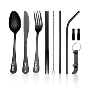 portable travel silverware set with case, reusable camping eating utensils set, stainless steel cutlery set for 1, knife fork spoon chopsticks (9 pieces black)