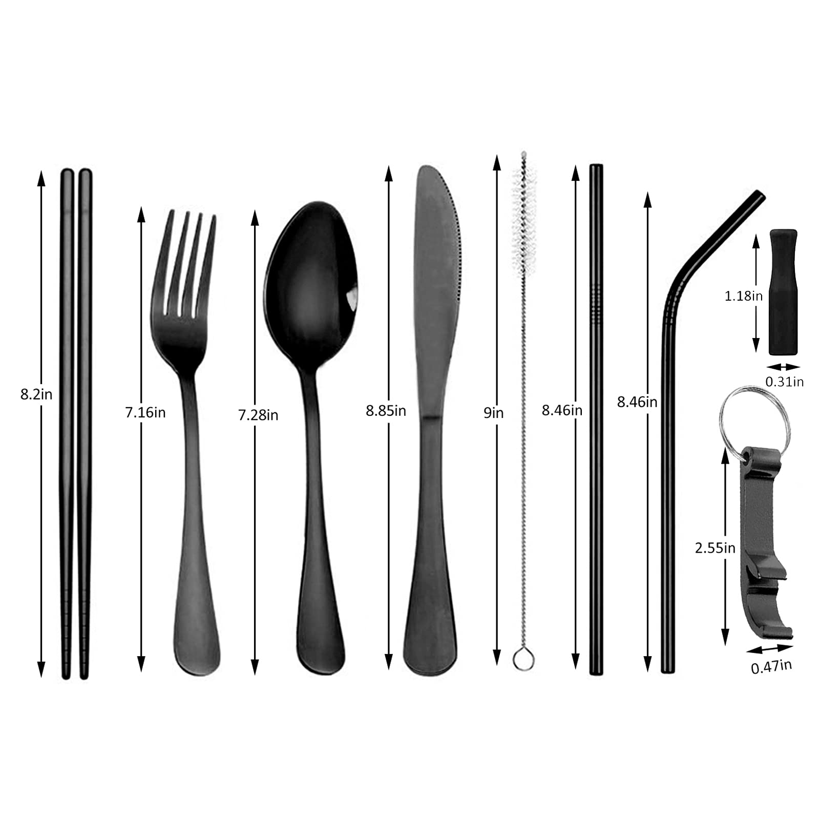 Portable Travel Silverware Set with Case, Reusable Camping Eating Utensils Set, Stainless Steel Cutlery Set for 1, Knife Fork Spoon Chopsticks (9 pieces black)