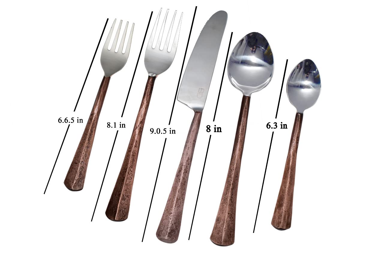 Bold & Divine Ridge Copper 5pcs Flatware Cutlery Set, Premium Stainless Steel Cutlery Set Service for 1 Include Knife/Fork/Spoon, Solid Stainless Steel Flatware