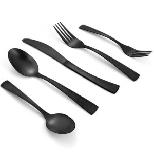 vanvro matte black silverware set, 40-piece stainless steel flatware set, satin finish tableware cutlery set service for 8, include knives/forks/spoons, dishwasher safe