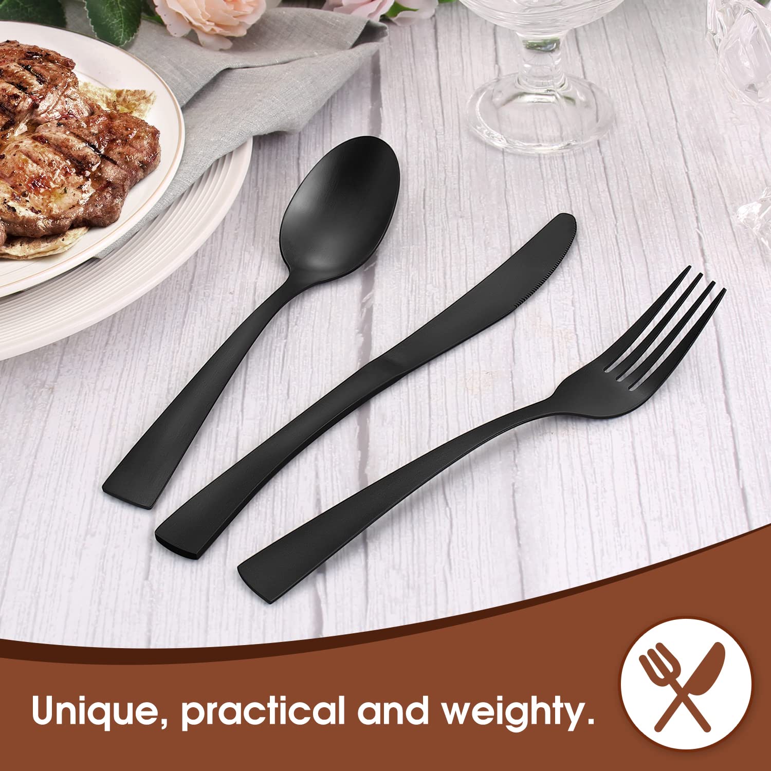 VANVRO Matte Black Silverware Set, 40-Piece Stainless Steel Flatware Set, Satin Finish tableware Cutlery Set Service for 8, Include Knives/Forks/Spoons, Dishwasher Safe