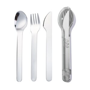 vanra 3-piece portable flatware set pocket utensils set 18/8 stainless steel fork spoon knife set with case for lunch travel camping school work picnics (grey)