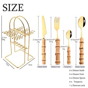 Snplowum 24-Piece Gold Stainless Steel Flatware Set, Bamboo Handle Cutlery with Stand Dinnerware Set Include Knife Fork Spoon And Teaspoon, Service For 6, Mirror Finished.